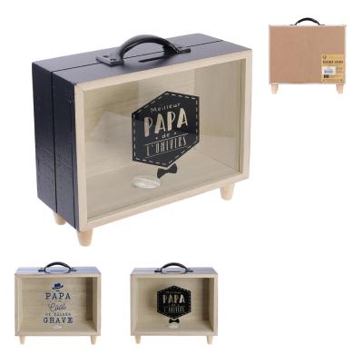 Tirelire PAPA Valise en Bois Bleu Noir