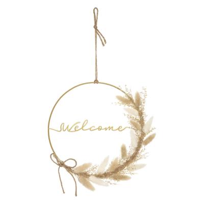 Couronne Métal Doré "WELCOME" avec Fleurs Séchées dans les tons beiges – Ø 24 cm