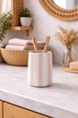 Gobelet Porte-brosse à Dents Céramique – Rayures Rose & Blanc Ø 8,7 x H. 10 cm 