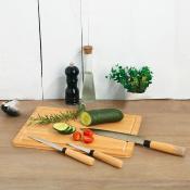 Planche à Découper en Bambou Naturel + 3 Couteaux Inox 35 x 25 cm 
