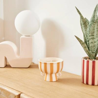 Bougies Parfumées Pot Céramique Émaillé Rayures Jaune / Vert / Bordeaux 