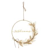 Couronne Métal Doré "WELCOME" avec Fleurs Séchées dans les tons beiges – Ø 24 cm