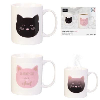 Mug Chat Magique Noir Rose 35 cl Céramique Blanche