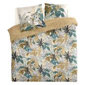 Parure de Lit 2 Personnes 240 x 220 cm Jungle Tropicale Blanc, Ocre & Bleu Canard 