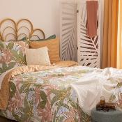 Parure de Lit 2 Personnes 240 x 220 cm Feuilles Tropicales Vert, Rose, Blanc, Bleu & Jaune Déco Exotique