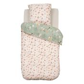 Parure de Lit Enfant Fée Vert Beige Rose Fleurs Papillons 140 x 200 cm 