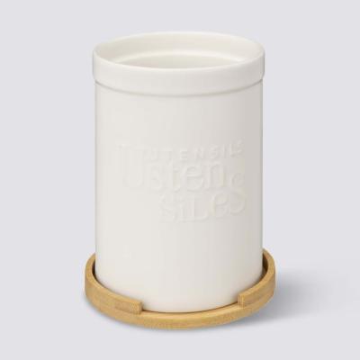 Pot à Ustensiles en Céramique Blanche avec Base en Bambou 