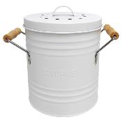 Poubelle à Compost Métal Blanc Rétro Couvercle Filtre Poignées Bois 4L 