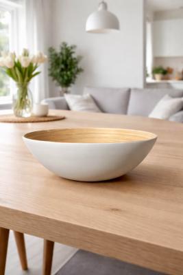 Saladier en Bambou Naturel et Blanc Ø 29,5 cm – Grand Saladier Design Moderne