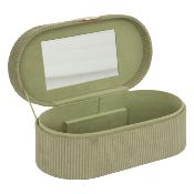 Boîte à Bijoux Velours Côtelé Vert & Doré - Forme Ovale - Miroir - L.25,5 cm 
