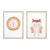 Tableau Enfant Lion / Hibou Raphia Encadrée 40 x 30 cm 