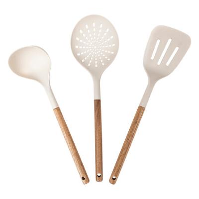 3 Ustensiles Blanc & Marron : Écumoire, Louche & Spatule -Bois d'Acacia H.36 cm 