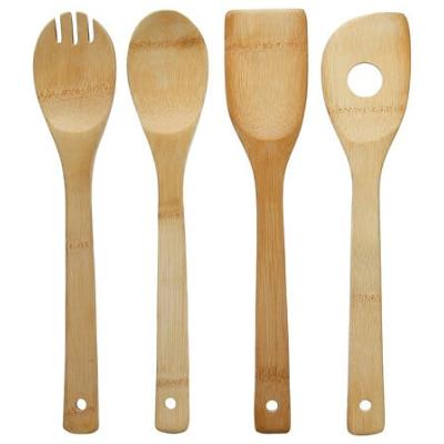 4 Ustensiles Cuisine Bambou Naturel 30 cm Spatule, Cuillère, Ustensile à trou et à broche 