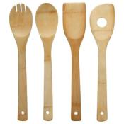 4 Ustensiles Cuisine Bambou Naturel 30 cm Spatule, Cuillère, Ustensile à trou et à broche 
