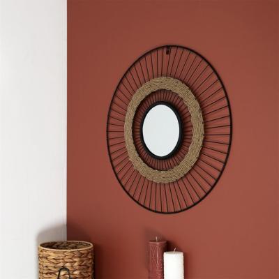 Miroir Métal Filaire Noir & Jonc Naturel Ø 60 cm 