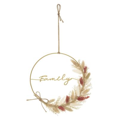 Couronne Métal Doré "FAMILY" avec Fleurs Séchées dans les Tons Beiges & Roses – Ø 24 cm