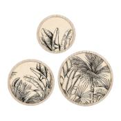 Lot de 3 Décos Murales Rondes Bois Feuilles Noires Tropicales Ø 35 cm 