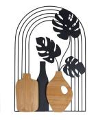 Déco Murale Feuilles Monstera Métal Noir & Bouteilles Arrondies Bois Foncé 60 x 40 cm